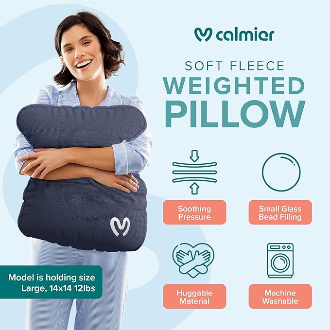 Calmier - 12 lb Sensory Weighted Pillow - Glass Bead Filled Hug Pillow - Ultra Plush Cozy Weighted Pillows for Adults and Kids - Child Sensory Pillow - Weighted Lap Pad (Blue - Fleece, 12 LBS)