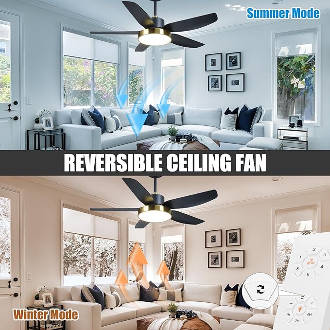 Modern Ceiling Fan with Light and Remote Control,46''Ceiling Fan with 3 Color Lights,Memory Function,5 Blades,6 Speeds,Outdoor Fan and Light for Living Room,Bedroom,Kitchen,Black Gold
