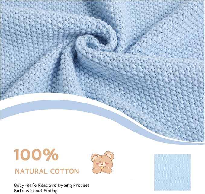 100% Cotton Baby Blanket Knit Lace Soft Warm Toddler Blanket,30 x 40 Inches，Sky Blue