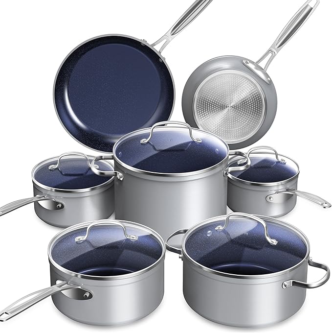 Nuwave Healthy Duralon Blue Ceramic Nonstick Cookware Set, Diamond Infused Scratch-Resistant, PFAS Free, Dishwasher & Oven Safe, Induction Ready & Evenly Heats, Tempered Glass Lids & Stay-Cool Handles