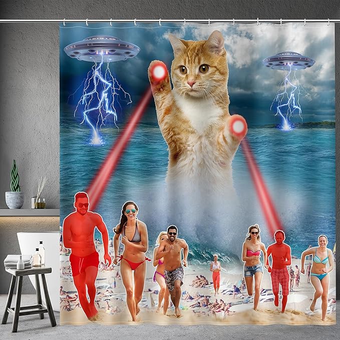 Aimego Long Funny Shower Curtain - Cute Cool Ocean Cat with Weird Adults Beach UFO Fun Fabric Cloth Bath Shower Curtain Set with 12 Hooks for Bathroom Decor Accessories Bathtub Curtain, 72"x78"