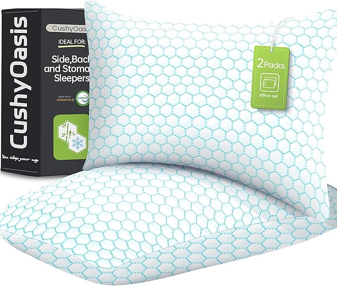 Shredded Memory Foam Pillow for Sleeping, Cooling Bed Pillows Set of 2, Adjustable Pillows for Side, Back, Stomach Sleepers with Washable Pillowcase (Queen Size, Blue)