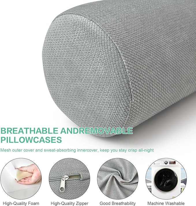 Cervical Neck Pillow, Roll Foam Pillows, Bolster Pillow, Round Neck Pillows Support for Sleeping | Bolster Pillow for Bed, Legs, Back and Yoga (Grey, 4")