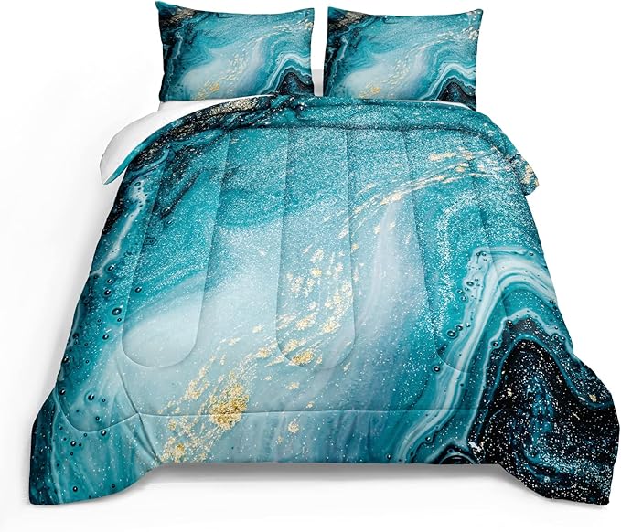 Bedbay Blue and Gold Marble Bedding Comforter Set Queen Size Teal Bedding Boys Girls Queen Duvet Set 4 Pcs Modern Marble Texture Quilt Set Bedroom Guest Room Decor Soft and Lightweight(Blue,Queen)