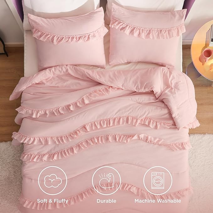 Bedsure Pink Comforter Set Queen - Ruffle Comforter, Cute Shabby Chic Boho Bedding Comforter Set for Girls, Lightweight Fluffy Soft Bed Set with 2 Pillow Shams