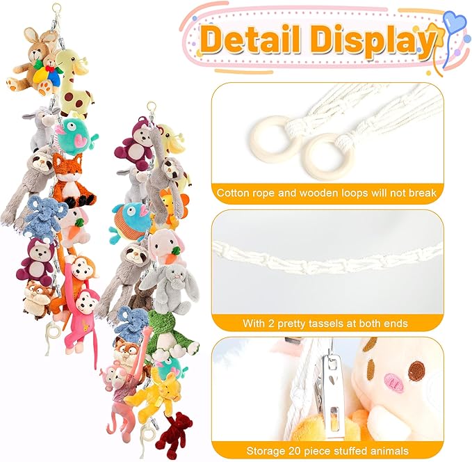 2pcs Stuffed Animal Storage Chain - Boho Stuffed Animal Hammock with 40pcs Metal Clips, Stuff Animal Organizer Hanging Storage for Kids Bedroom Wall Door Display