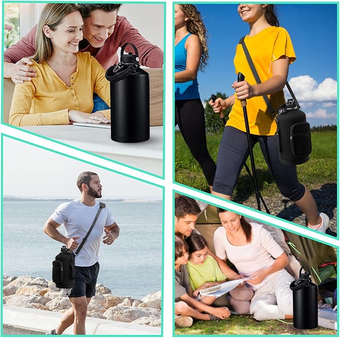 128OZ Insulated Water-Bottles with Strap - 1 Gallon Large Water Jug with Straw & Spout Lid, Stainless Steel Water Bottle Leak Proof, Cold-48h Hot-24h Metal Water Flask w/ Paracord Handle, Carrier Bag