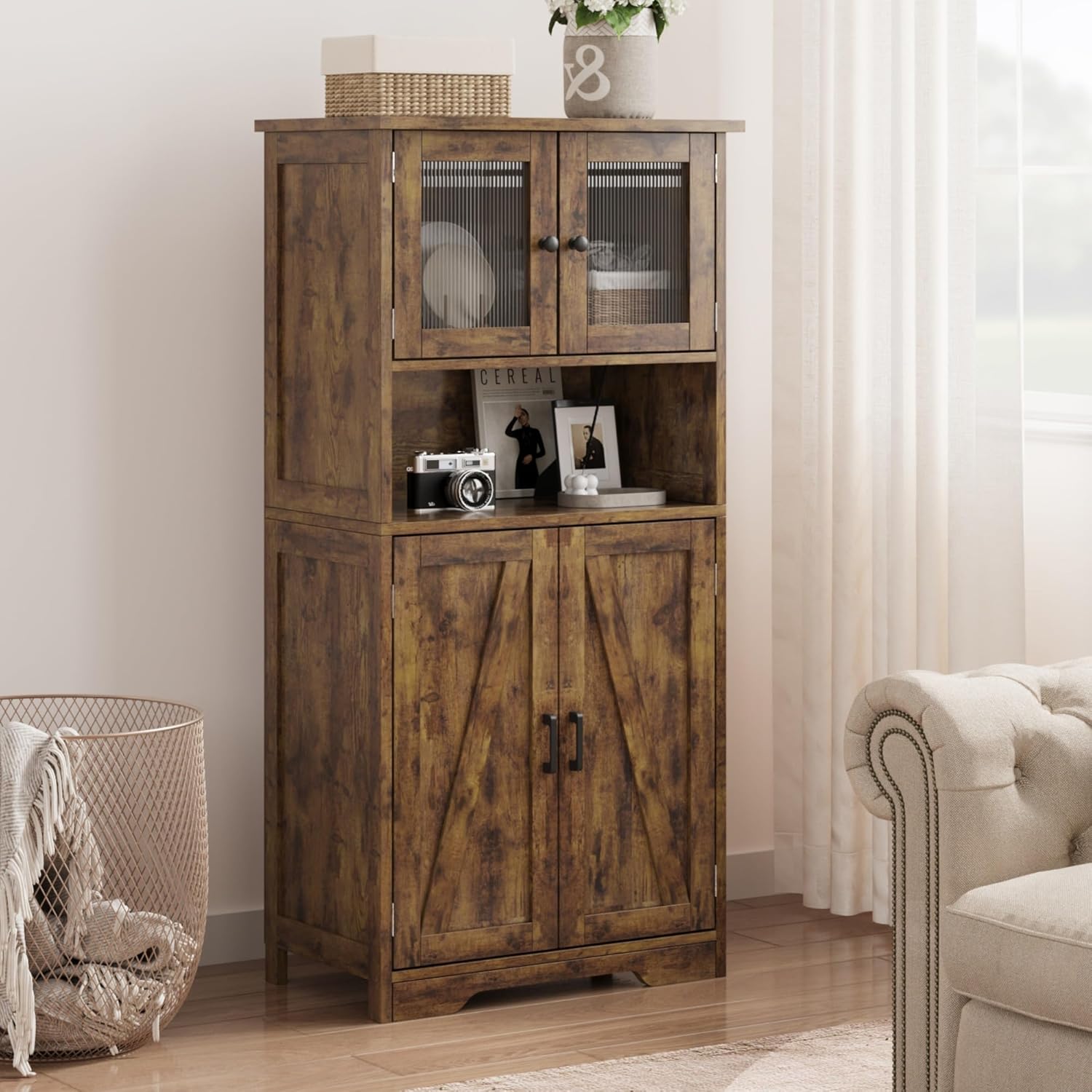 GarveeHome 54in Tall Bathroom Cabinet, Farmhouse Storage Cabinet with Glass Doors and Adjustable Shelves, Freestanding Kitchen Pantry Cabinets, Cupboard for Living Room, Dining Room, Rustic Brown