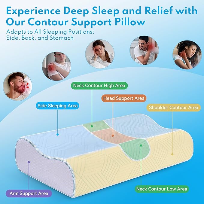 Cervical Neck Pillow for Pain Relief - 4-Layer Adjustable Contour Memory Foam Cooling Pillow for Sleeping, Cooling Ergonomic Pillow for Side Back Stomach Sleepers, Sandwich Pillow Queen Size