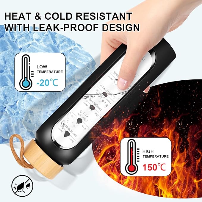 32 Oz Borosilicate Glass Water Bottle with Times to Drink | BPA Free - Reusable Wide Mouth Glass Motivational Water Bottles with Infuser & Silicone Sleeve (black)