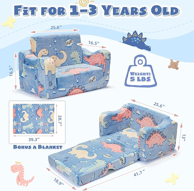 2-in-1 Toddler Chairs Comfy, Toddler Couches That Fold Out,Glow in The Dark, Extra Wide Kids Chairs for Toddler, Baby Couch for 1-3 Year Old Gifts for Girls & Boys, Blue