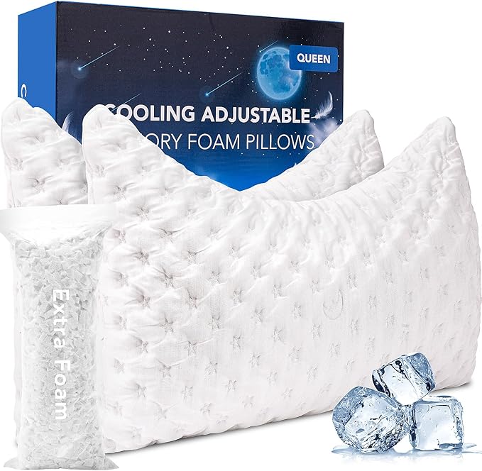 Cooling Side Sleeper Pillow for Neck and Shoulder Pain, Luxury Shredded Memory Foam Curved Bed Pillows for Sleeping Set of 2- Adjustable Queen Size- Washable Cover Crescent White
