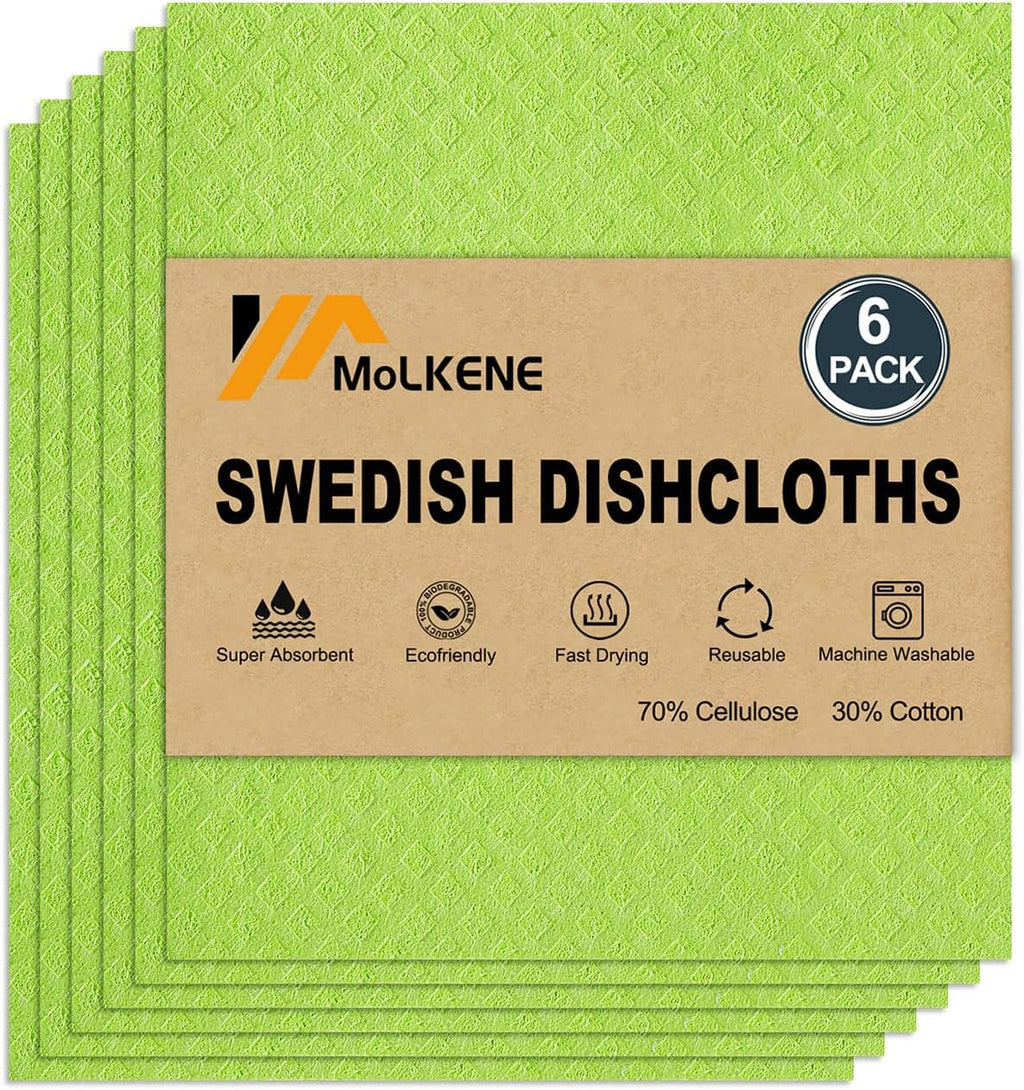 Swedish Dishcloths for Kitchen | 6 Pack Absorbent Cellulose Sponge Cloths Washable | Non-Scratch Reusable Paper Towels Quick Drying Cleaning Cloths - Lime Green