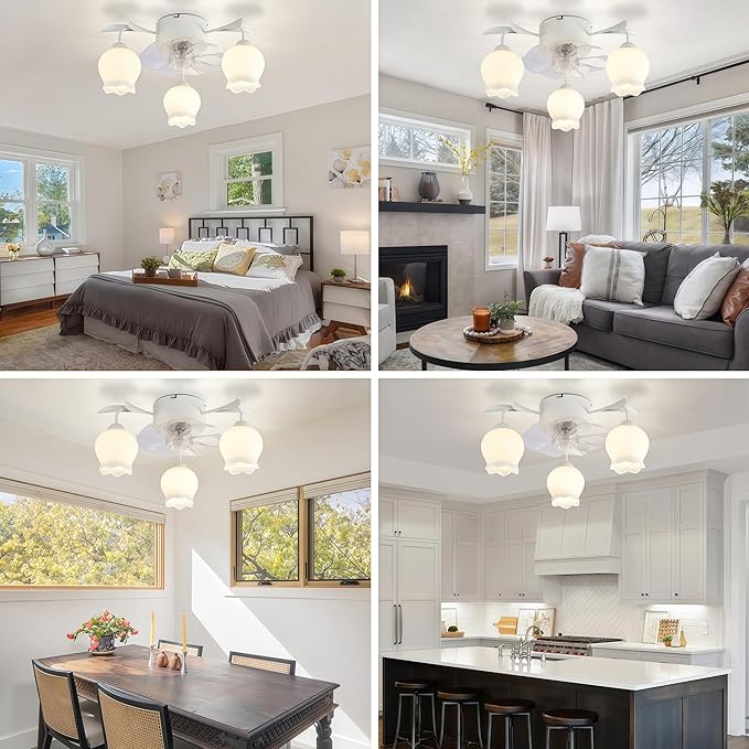 Flower Ceiling Fan with Light: White Flower Fan Lights for Girls Bedroom - Flush Mount Fandelier for Living Room - 3-Light Modern Chandelier with Fan for Home Decor Enthusiasts