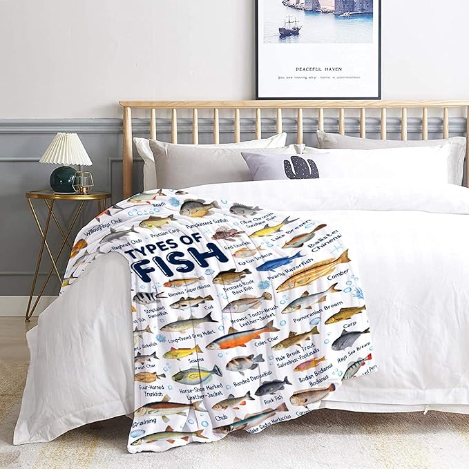 Fish Throw Blanket,Types of Fish Blanket Fish Blanket Gifts,Ultra Soft Lightweight Flannel Blankets Warm Fuzzy Cozy Plush Blankets for Couch Sofa Bed Living Room,Queen Size-60"x80"