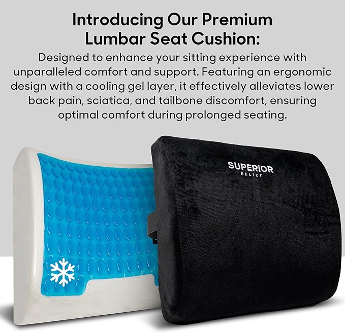 Lumbar Seat Cushion for Office Chair, Memory Foam Low Back Support Pillow for Car, Computer, Gaming Chair, Ergonomic Back Cushion with a Cooling Gel Layer for Pain Relief