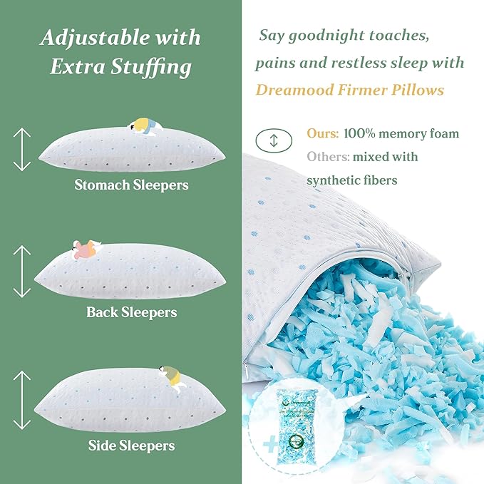 Cooling Pillows Queen Size Set of 2 with Extra Stuffing Adjustable 100% Shredded Memory Foam Pillows Firmer & Soft with Washable Cover Bed Pillows for Side Back Stomach Sleeper Hypoallergenic