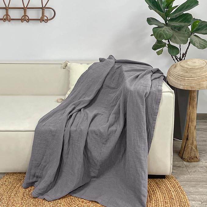 Lulu moon Muslin Blankets for Adults 55”x75” - Couch Throw Blanket for Boys - Light Weighted Muslin Quilt for Sofa and Bed (Gray)