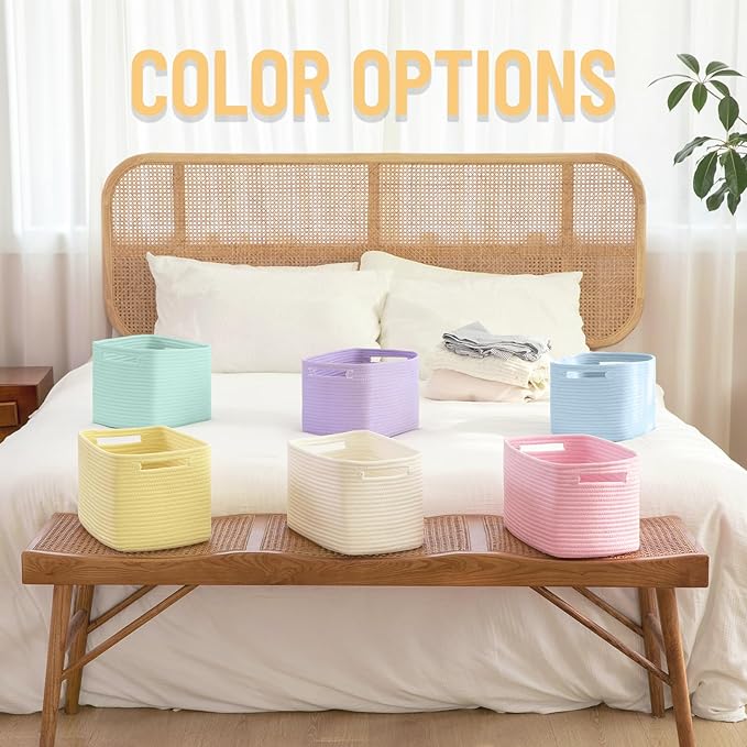 4 Pack Storage Baskets for Organizing Toys, Towels, and Clothes, Woven Basket for Shelves, Durable Nursery Cube Bins for Storage, 13''L x9''W x7.8''H, Yellow