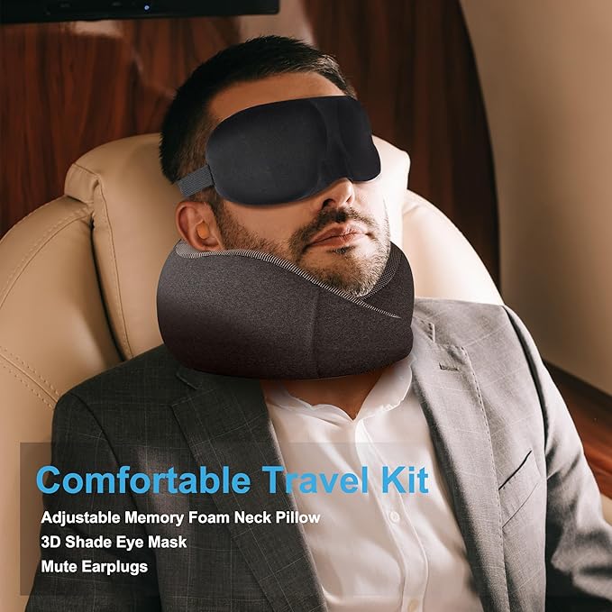 MULIHOMI™ Travel Pillow for Airplane with 100% Memory Foam, 360° Adjustable Full Surrounding Flying Neck Pillows, Travel Pillow Set with 3D Eye Masks, Earplugs (Black)