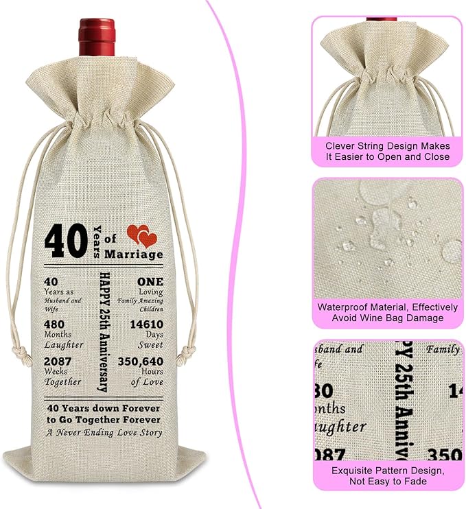 40th Anniversary Wedding Gift for Couple Wine Gift Bag 40 Years of Marriage Gift for Husband Wife Burlap Wine Wrap Bag Anniversary Keepsake Gift Wedding Gift for Grandparents Friend Valentine Gift