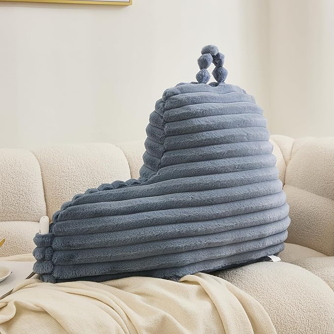 WERDIM Reading Pillow for Sitting in Bed, Faux Fur Back Pillow for Bed Rest, Bed Chair Pillow with Arms and Pockets(Large, Dusty Blue)