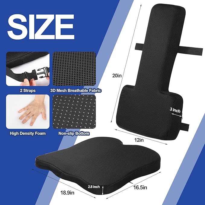 HOMBYS Lumbar Support Pillow for Office Chair with Seat Cushion, T Shape Backrest Pillow Improved Sitting Posture and Upper/Lower Back Pain Relief for Desk Chairs, Car Seats and Airplanes,Black