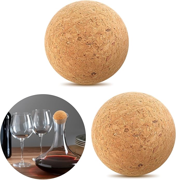 2 Pieces Wine Stopper Cork Ball 2.4 Inch/ 6.1cm Wooden Ball Bottle Corks, Replacement for Wine Decanters and Carafe Bottles, Set of Premium Wine Cork Lids Stoppers Replacement