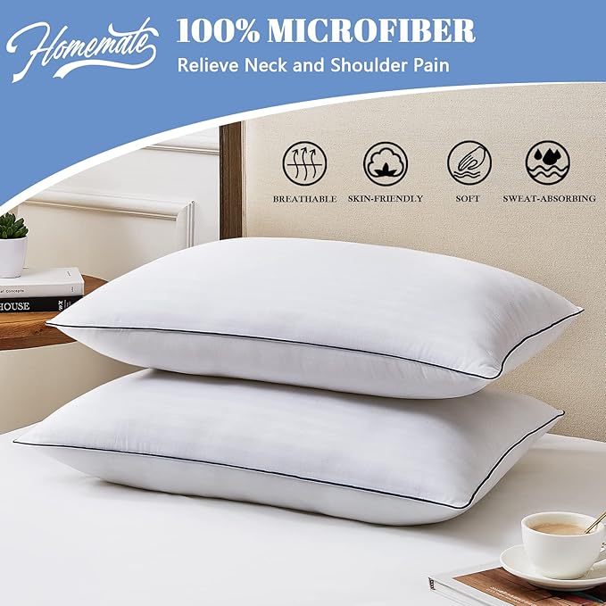 Homemate Bed Pillows for Sleeping - Standard Size(20"x26") Set of 2 Hotel Quality Pillows Allergy Friendly Microfiber Shell Fluffy Down Alternative Filling Pillow Suitable Back Stomach or Side Sleeper