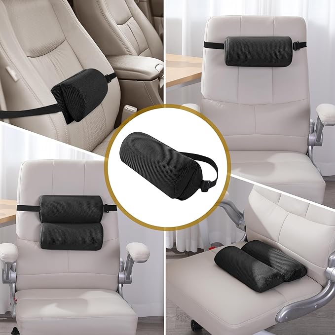 MABOZOO Foldable Lumbar Roll Pillow, Mesh 2 Semi-Circular Back Support Cushion with Adjustable Strap, Portable Cervical Cushion Support Pillow Leg Pillow for Head, Neck Back and Legs(Black)