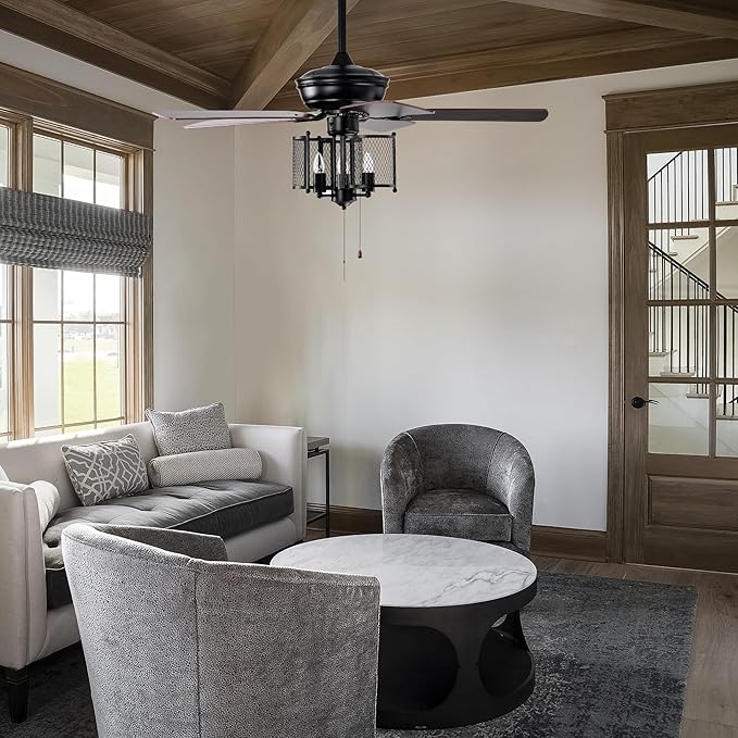 NicBex Ceiling Fan 52 Inch Ceiling Fan with Lights Vintage Ceiling Fans with 5 Blades Ceiling Fan with Lamp Shade and Hand Pull Chain for Bedroom, Living Room, Matte Black