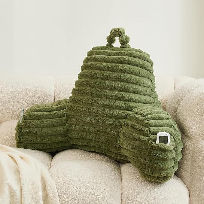 WERDIM Reading Pillow for Sitting in Bed, Faux Fur Back Pillow for Bed Rest, Bed Chair Pillow with Arms and Pockets(Large, Sage)