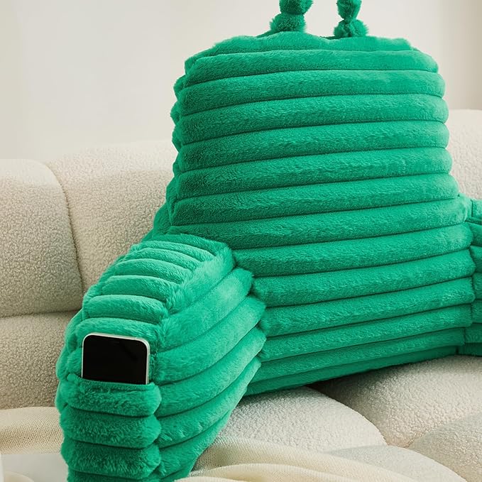 WERDIM Reading Pillow for Sitting in Bed, Faux Fur Back Pillow for Bed Rest, Bed Chair Pillow with Arms and Pockets(Large, Emerald)