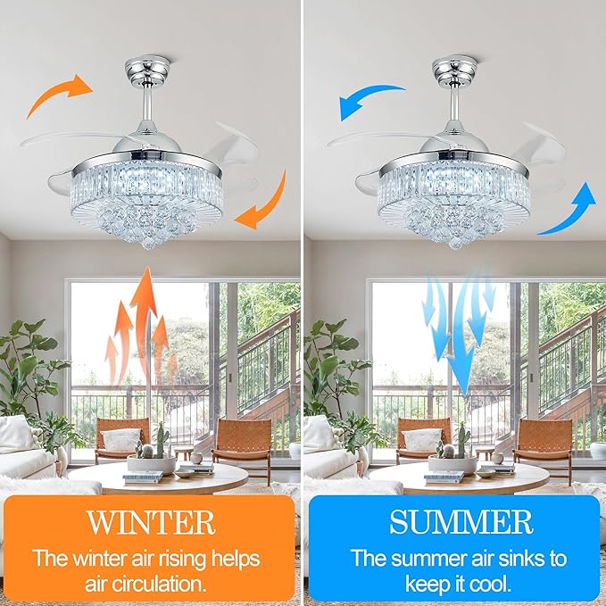 42'' Crystal Chandelier Fan Fandelier Retractable Ceiling Fans with Light and Remote, Invisible Fandelier Ceiling Fan with Light for Bedroom (Crystal-Silver)