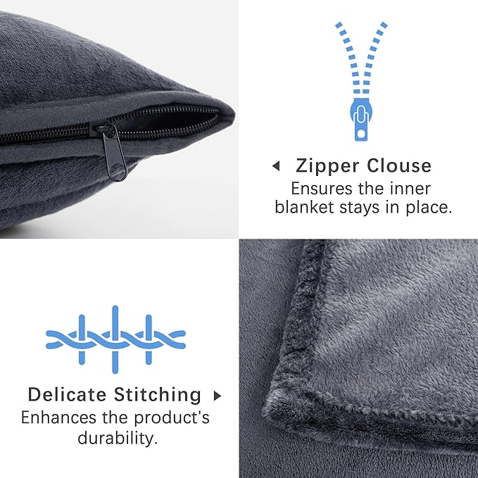 ATsense Travel Blanket Pillow, Premium 2 in 1 Soft Airplane Blanket Compact with Bag Pillowcase, Hand Luggage Sleeve and Backpack Clip - Travel Essentials for Long Trips, Flying and Car, Dark Grey