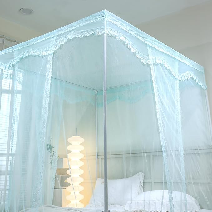 Bed Canopy, Princess Bed Curtain Net for Girls & Adults，Three-Doors Rectangle Lace Dome Netting (Green, King)