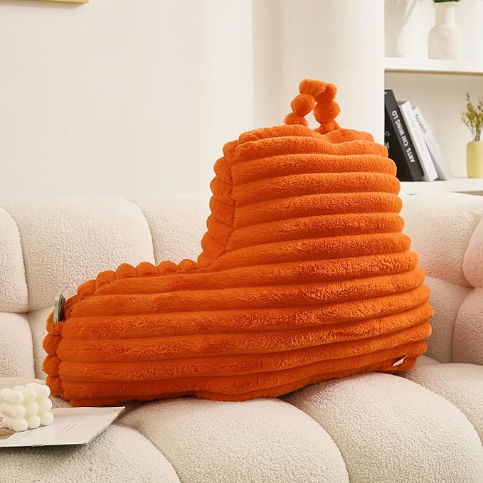 WERDIM Reading Pillow for Sitting in Bed, Faux Fur Back Pillow for Bed Rest, Bed Chair Pillow with Arms and Pockets(Standard, Orange)