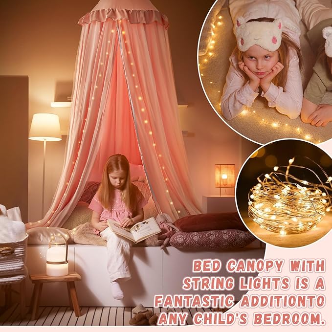Bed Canopy Drapes, Double Layer Canopies Netting Tent for Bed, Princess Fairy Bed Canopy with String Lights for Girls, Adults, Canopy Bed Curtains Mosquito Net, Pink, 27''x108''