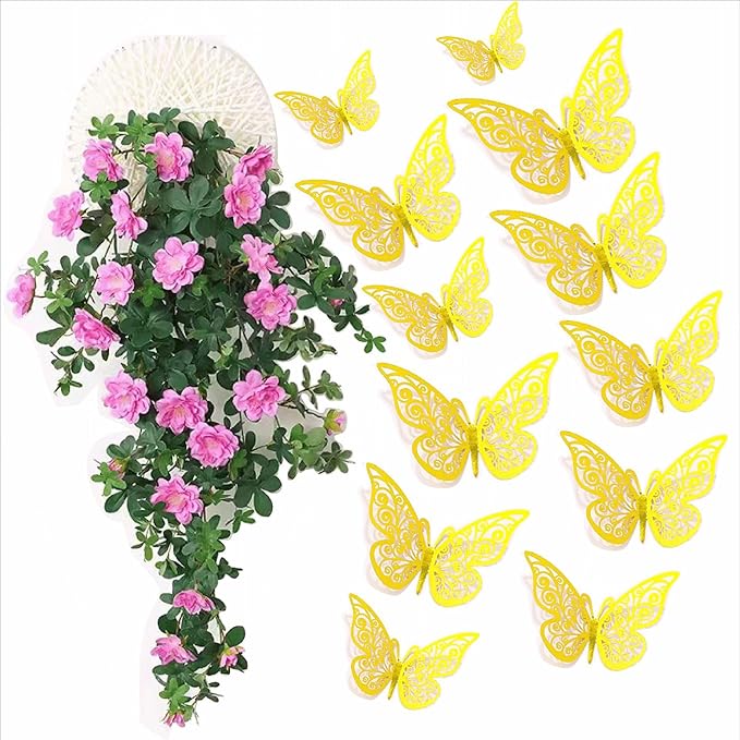 3D Butterfly Wall Decor 48 Pcs 4 Styles 4 Colors 3 Sizes,Gold Silver Laser Rose Butterfly Decorations for Butterfly Birthday Decorations Butterfly Party Decorations Cake Decorations,Removable Sticker