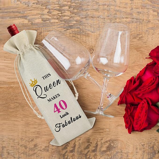 40th Birthday Gift Forty Birthday Gift for Women Mom 40th Female Milestone Gift Turning 40 Years Old Gift Drawstring Wine Wrap Bag Christmas Birthday Valentine's Day Gift for Sister Teacher Friend