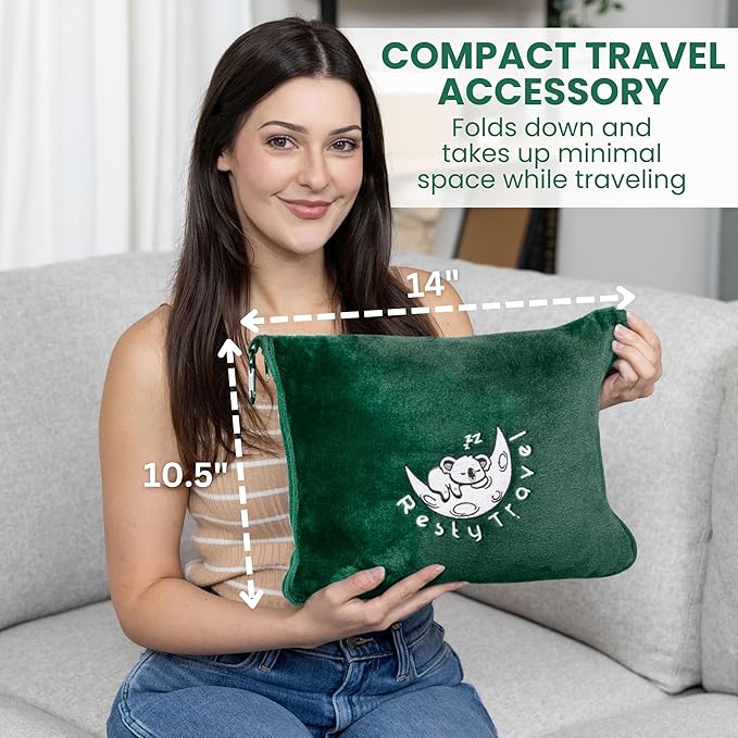 Resty Travel Blanket - Compact Airplane Blanket with Bag - Small and Lightweight Traveling Blanket & Pillow - Portable Blankets with Carabiner for Easy Transport - Plane Train Car (Forest Green)