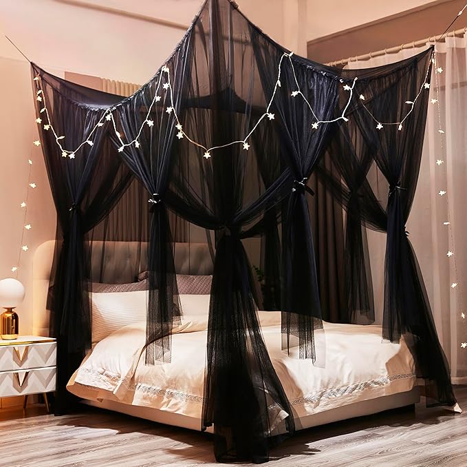 Mengersi Bed Canopy Canopy Bed Curtains with Lights- 4 Corners Post Royal Bed Drapes Mosquito Net- Elegant Bedroom Decoration Accessories for Adults(Twin,Black)