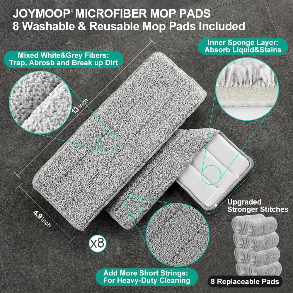 JOYMOOP Mop and Bucket Set, Dust Mops for Floor Cleaning, Wall Mop with 8 Microfiber Mop Head Replacement