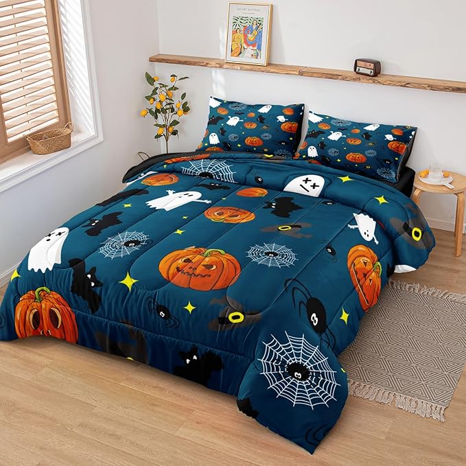 Bedbay Halloween Comforter Set Queen Size Halloween Bedding Set Full Cute Ghost Pumpkin Printed Blue Halloween Bedding 4-Piece with 1 Cushion Cover (Blue,Queen)