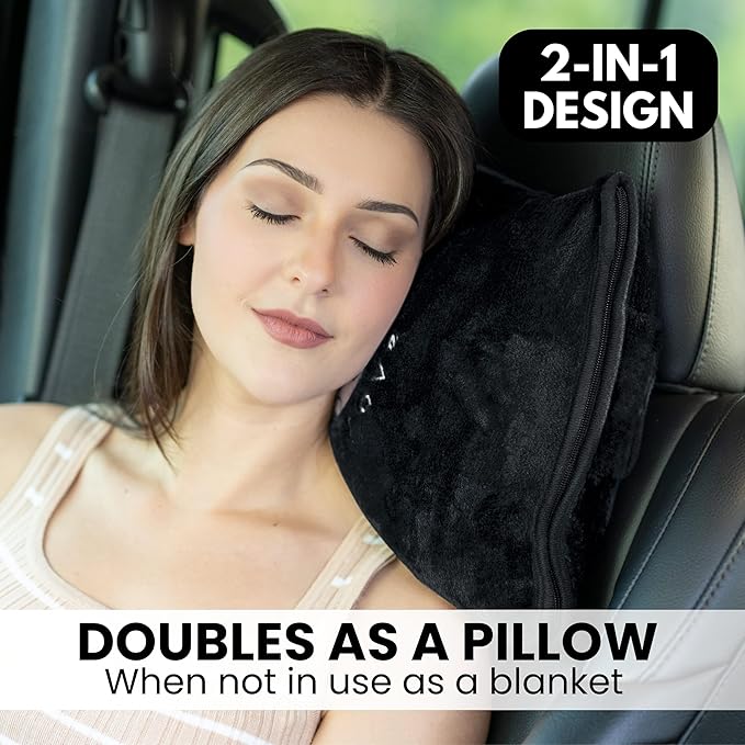 Resty Travel Blanket - Compact Airplane Blanket with Bag - Small and Lightweight Traveling Blanket & Pillow - Portable Blankets with Carabiner for Easy Transport - Plane Train Car (Onyx Black)