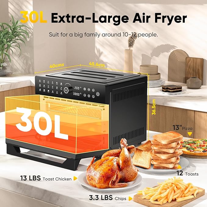 32QT Extra Large Air Fryer, Toaster Oven Air Fryer Combo, 360°Hot Air Circulation for Healthier Food, 1800W Preset Dual Cook, 13"Pizza Cooking, 20-in-1 Double-Rack Oven, 7-Accessory, Transparent Door