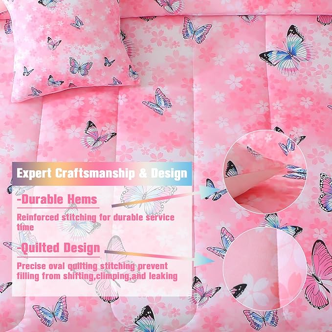 JQinHome 8 Piece Butterfly Comforter Set Full, 3D Pink Flower Printed Butterfly Bedding Set,All Season Microfiber Butterfly Theme Home Decor Bedding for Girls with Sheet Sets(Pink)