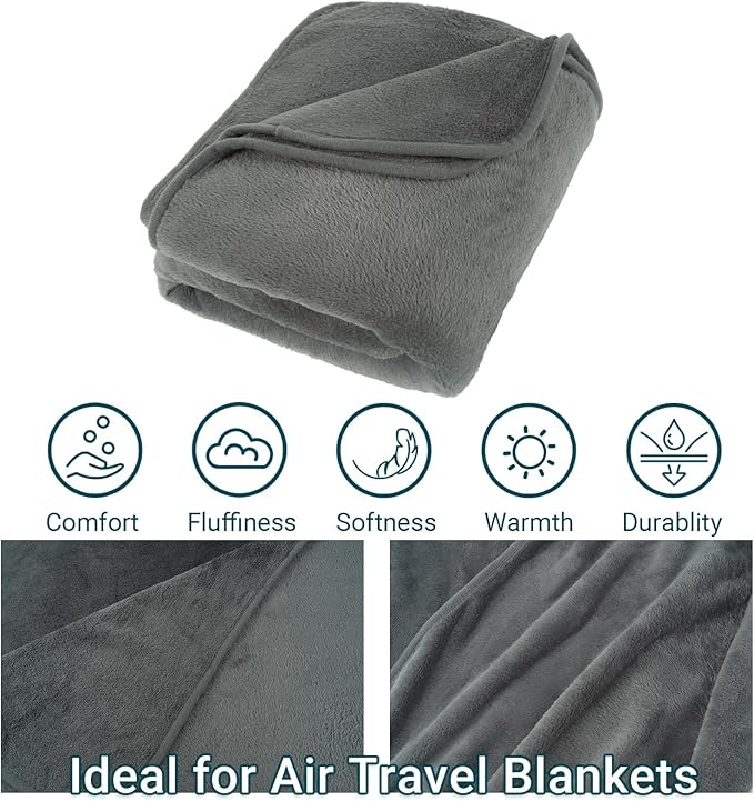 Travel Blanket Pillow- Premium Soft 300 GSM Thick 3 in 1 Airplane Blanket for Long Trips Essentials with Bag Pillowcase, Hand Luggage Sleeve and Backpack Clip (Grey)