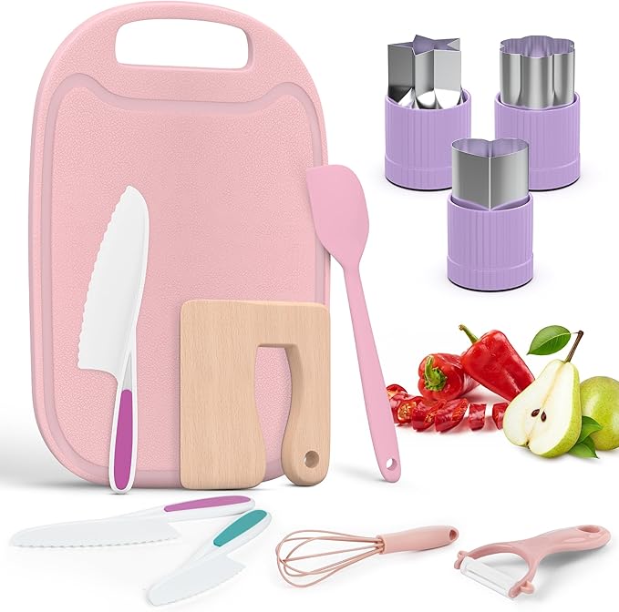 EMREY 13 Pieces Montessori Kids Cooking and Baking Set - Kids Knife Set for Real Cooking, Durable Kids Cutting Board, Knife Set, Silicone Spatula, Whisk, Cookie Cutters, Kids Apron, Toddler Kitchen