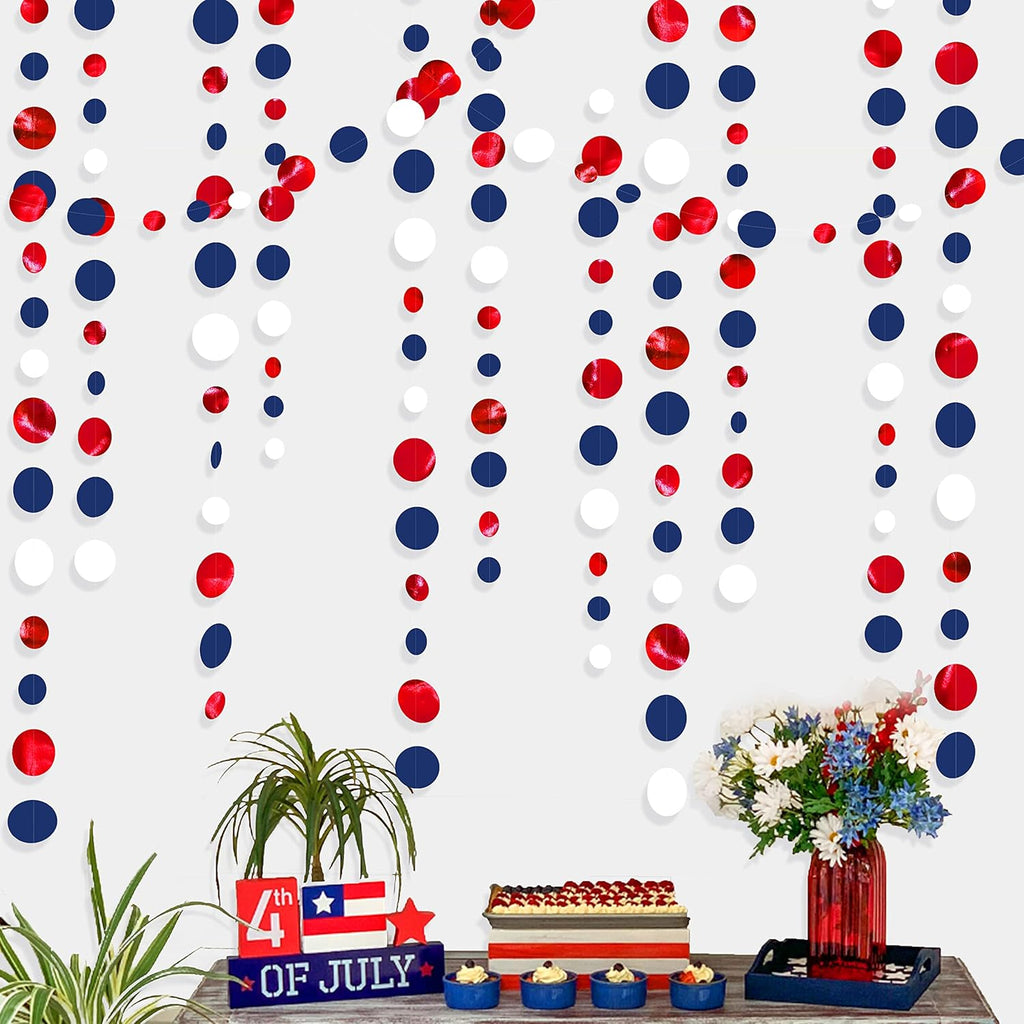 46 Ft Navy Blue Red White Circle Dots Garlands Royal Blue Red Hanging Paper Polka Dots Streamer for 4th of July American Independence Day USA National Day Patriotic Veterans Party Decorations Supplies